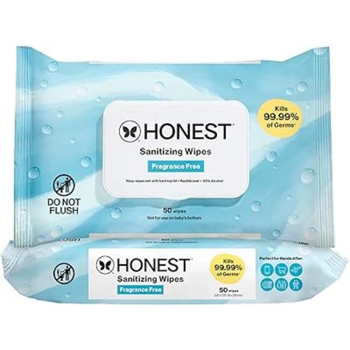 The Honest Company Fragrance-Free Sanitizing Alcohol Wipes, Antibacterial, Safe for Hands Kills 99% of Germs, Made With Aloe, 100 Count, (2 Packs 50)