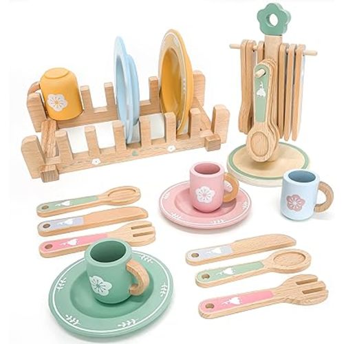 Wooden Play Kitchen Accessories Toys for Toddlers 3+, 22 PCS Kids Play Kitchen with Cute Cutlery Rack&Dish Rack,Play Dishes for Kids Kitchen,Montessori Pretend Birthday Gifts for Girls Boys