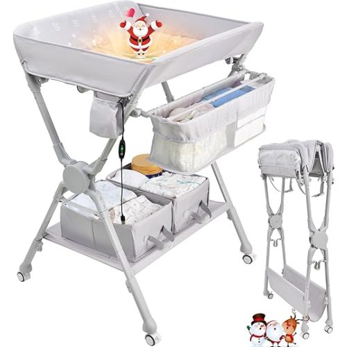 Baby Changing Table, Auto Warmer Portable Folding Changing Table with Wheels, Waterproof Diaper Changing Station with 2 Drawers, Adjustable Height, Baby Changing Station for Infant, Newborn