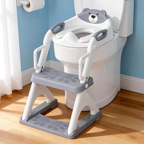 Potty Training Seat ，SKYROKU Potty Training Toilet with Step Stool Ladder, for Kids Boys Girls Toddlers - Comfortable Safe Potty Seat with Anti-Slip Pads Ladder (8899Pro-Grey)