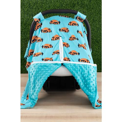 Horses, Western, Rodeo, Minky Baby Boys Car Seat Cover Praying Cowboy Cross Cactus Cruz