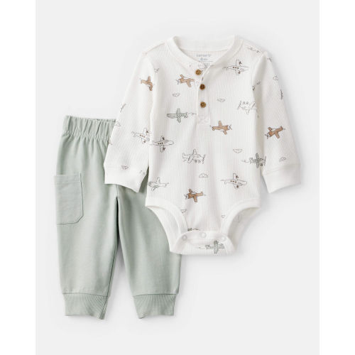 Baby Boy 2-Piece Airplane Thermal Bodysuit & Jogger Set - Green/White - Carter's | Carter's