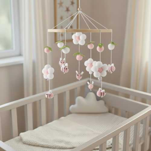 Flower Nursery Mobile, Pink Bee Baby Mobile, Flower Crib Mobile for Girl, Felt Bumblebee Hanging, Spring Garden Theme, Baby Shower Gift