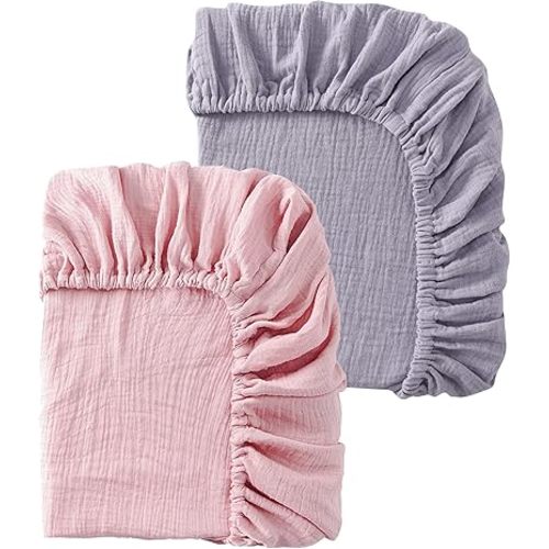 Baby Crib Sheets 2 PCS, 100% Organic Cotton Crib Sheet for Standard Crib Mattress(52”x 28”), Fitted and Soft Breathable Muslin Crib Mattress Sheet for Girl and Boy