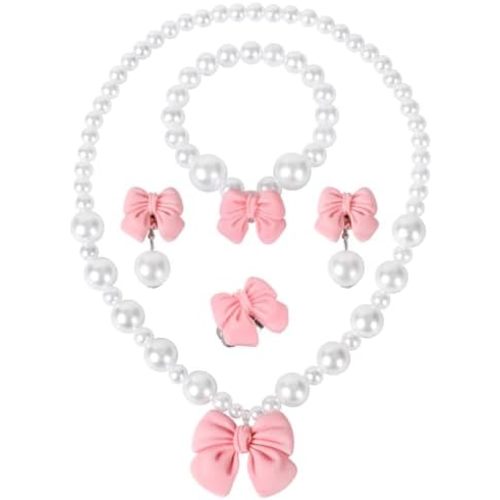 Princess Jewelry for Little Girls, Handmade Bow Pearl Kids Jewelry Set, Stretch Necklace Bracelets Rings and Clip on Earrings, Perfect for Dress Up, Birthday Parties, and Costume Play