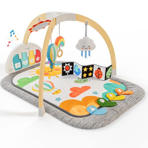 Move2Play, Montessori Inspired Wooden Kick & Play Baby Gym | Musical Piano | Thick + Soft Floor Mat | Tummy Time Activity Center | Play Mat for Newborns & Infants | Toys for Ages 0-6+ Months