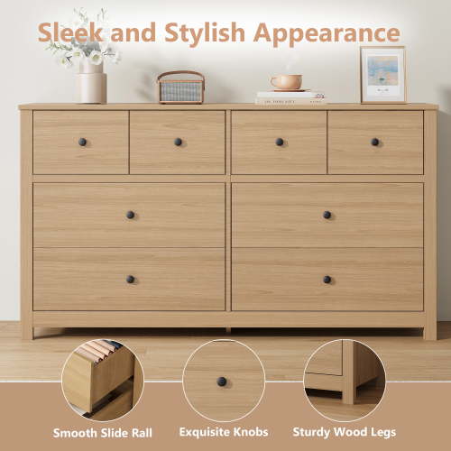 PYY 8 Drawer Dresser, 53" Wide Dresser for Bedroom, Farmhouse Double Dresser with Large Storage Space, Modern Long Wooden Chest of Drawers for Living Room, Hallway and Nursery, Natural Oak