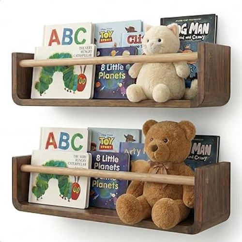 Ovalo Nursery Book Shelves Set of 2 - Solid Pine Wood Nursery Bookshelf, Floating Nursery Shelves for Wall, Wall Bookshelf for Kids Room, No-Assembly Wall Mounted Baby Book Shelf. (Walnut Brown)