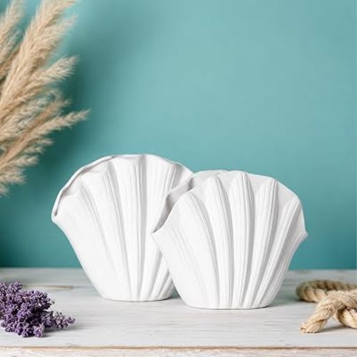 Seashell Vase Set of 2, White Ceramic Shell Vase 6.3" & 5.7", Coastal Sea Shell Vases Decor for Dried Flowers Faux Stem, Beach Nautical Table Decor, Scalloped Aesthetic Vases for Home Accents