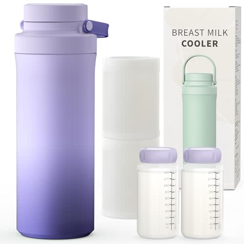 XAPROO 22oz Breast Milk Cooler Bottle, Portable Milk Cooler for Breastmilk with 360°Cooling for 24 Hours, Millk Chiller with 2pcs Baby Bottles, Breastmilk Storage Bags for Baby, BPA-Free (Purple)