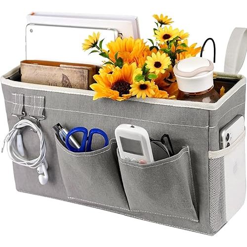 Loghot Bedside Caddy/Bedside Storage Bag Hanging Organizer for Bunk and Hospital Beds,Dorm Rooms Bed Rails,Can be Placed Glasses,Books,Mobile Phones,Keys (Grey)