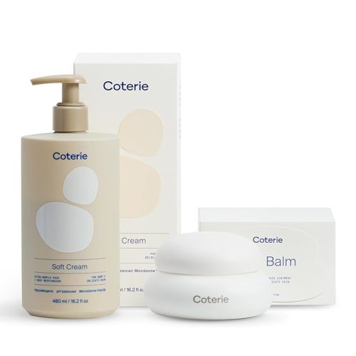 Coterie Baby Dry Skin Skincare Essentials Set | 16.2 oz Face + Body Lotion, 4.7 oz Diaper + Dry Skin Balm | Fragrance Free, Safe for Sensitive Skin, Hypoallergenic, Microbiome Friendly, Eczema Safe