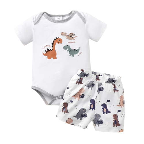 Newborn Baby Boys Clothes 3 Months Boys 2PCS Summer Outfits Set Dinosaur Print Newborn Boys Short Sleeve Top Shorts Set White