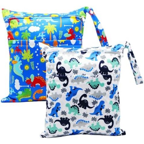 2pcs Cloth Diaper Wet Dry Bags Waterproof Reusable with Two Zippered Pockets Travel Beach Pool Daycare Soiled Baby Items Yoga Gym Bag for Swimsuits or Wet Clothes (DINOSAUR)