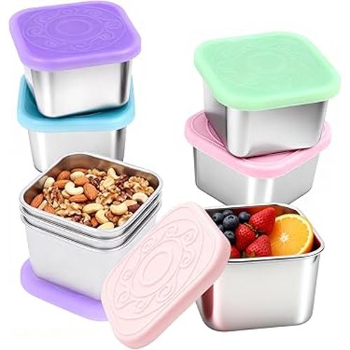 Stainless Steel Snack Containers for Kids & Travel, 6oz Reusable Food Storage Box with Silicone Lids, Bento Box & On-the-Go Snack Boxs for Lunches, Snacks, Fruits, Nuts (8)