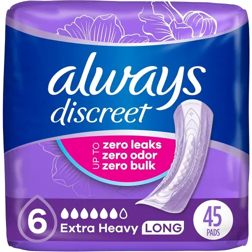 Always Discreet Adult Incontinence Pads for Women, Extra Heavy Absorbency, Long Length, Postpartum Pads, 45 Count