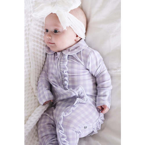 Peter Pan Collar Ruffle Zipper Footie | Lilac Gingham