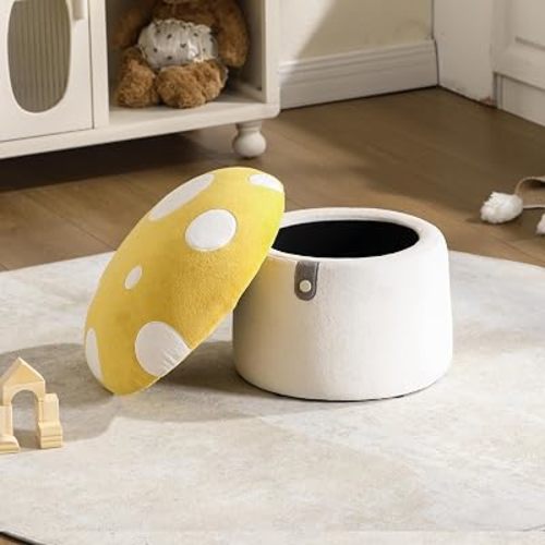 Kids Mushroom Storage Ottoman, Cute Kids Desk Chairs, Mushroom Armchair, Children Round Storage Ottomans, Small Multi-Purpose Footstool for Playroom & Bedroom, Yellow Mushroom