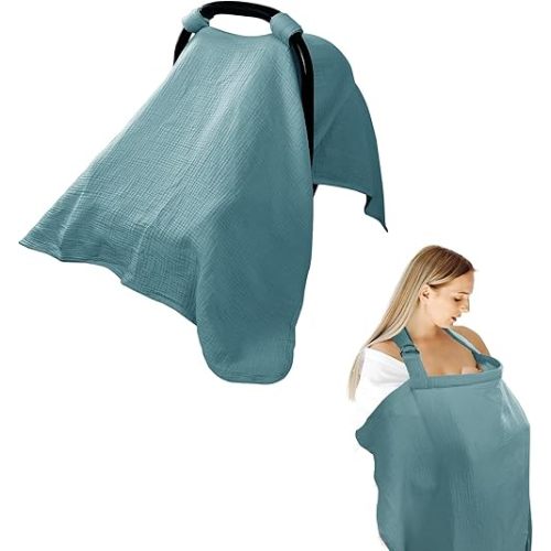 Hooyax 2-in-1 Baby Car Seat Cover & Nursing Cover, 100% Muslin Cotton, Breathable Car Seat Canopy and Privacy Breastfeeding Cover, Blue