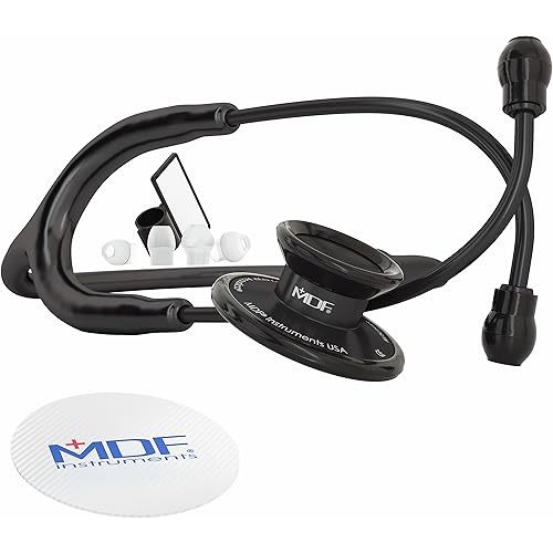 MDF Instruments, Acoustica Lightweight Stethoscope for Doctors, Nurses, Students, Home Health Use, Adult, Dual Head, Black Tube, Black Chestpiece-Headset, MDF747XPBO