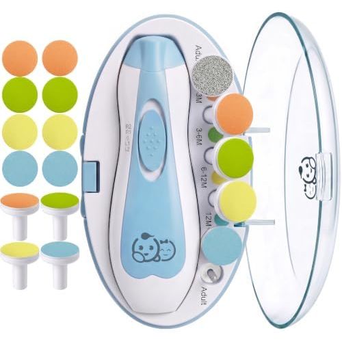 Royal Angels Upgraded 21 in 1 Baby Nail Trimmer with Labeled Case, 13 Extra Replacement Pads, Safe Electric Baby Nail File Kit for Newborns & Toddlers, Whisper Quiet Nail Clipper with LED Light (Blue)