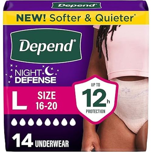 Depend Night Defense Adult Diapers, Incontinence & Postpartum Bladder Leak Underwear for Women, Disposable, Overnight, Large, Blush, 14 Count, Packaging May Vary