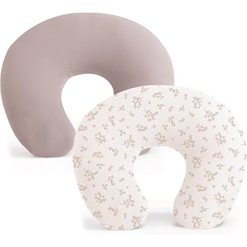 Konssy 2 Pack Nursing Pillow Covers, Stretchy and Soft Nursing Cover for Breastfeeding Pillows, Pillow Slipcover for Baby Girls Boys Newborn (Soft Blooms,Taupe)