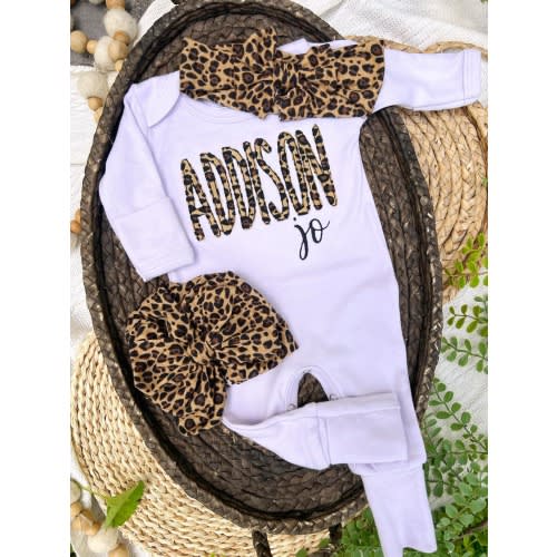 Personalized leopard baby girl romper: purple footie romper with leopard print fabric custom name