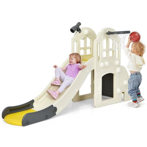 Costway 6-In-1 Large Slide for Kids Toddler Climber Slide Playset w/ Basketball Hoop Yellow