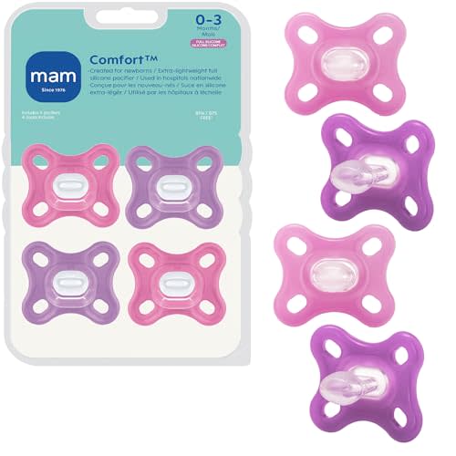 MAM Comfort Baby Pacifiers 0-3 Months Newborns, Lightweight One-Piece Full Silicone Binky, BPA-Free Nipple, Easy to Clean Pacifier, Best for Breastfed Babies, 4 Count, Made in Europe