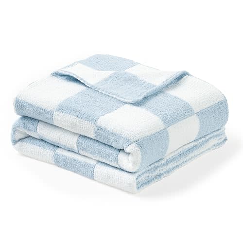 CREVENT 30"X40" Cozy Soft Warm Chenille Baby Blanket for Girls Boys, Newborn Essentials for Infant, Baby Shower Receiving Gift - Checked Blue 75X100cm