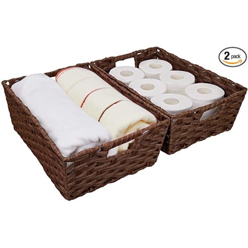 Large Wicker Storage Basket, Metal Frame, Set of 2, Washable Waterproof, 15" x 10.3" x 5.2", Brown Color, Woven Basket for Pantry, Toilet, Bathroom, Bedroom, Patio