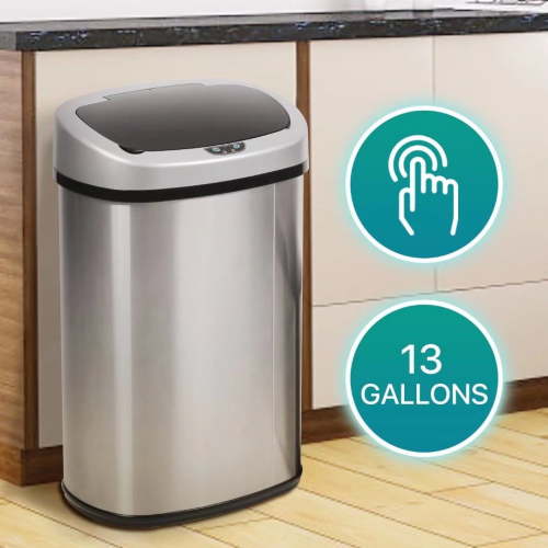 Dkeli Kitchen Trash Can 13 Gallon Garbage Can Automatic Sensor Waste Bin Touchless Stainless Steel Trash Can with Lid for Home Bathroom Office, Silver