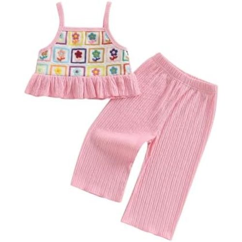 Baby Girl Outfits Crocheted Ruffled Camisole And Elastic Pants Set 6 12 18 24 Months 2 3 4 T