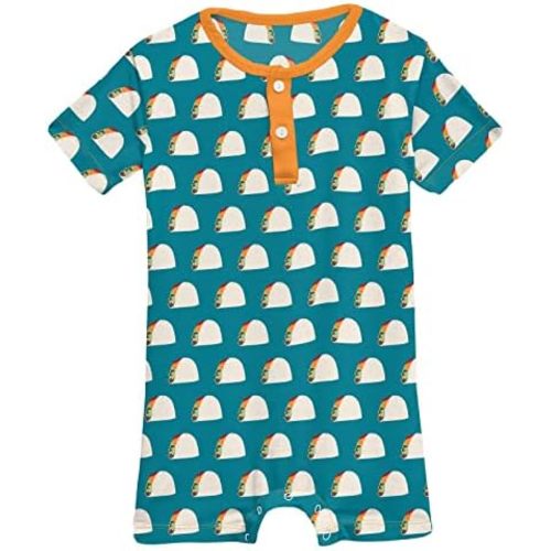 KicKee Pants Print Short Sleeve Henley Romper, Soft Viscose Baby One-Piece, Newborn to Toddler
