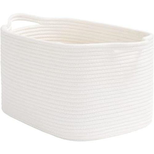 Goodpick White Woven Rope Basket with Handles, Medium Rectangle Basket for Books, Toys, Towels, Square Decorative Baskets for Living Room, Nursery, Shelf Baskets for Bedroom, 13" x 10" x 9"