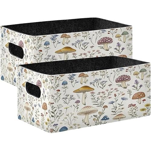 Kcldeci 2Pcs Storage Baskets For Shelves Mushroom Colorful Wild Plants Foldable Storage Bins Cube Fabric Bins Organizer for Nursery Home Office Kids Toys