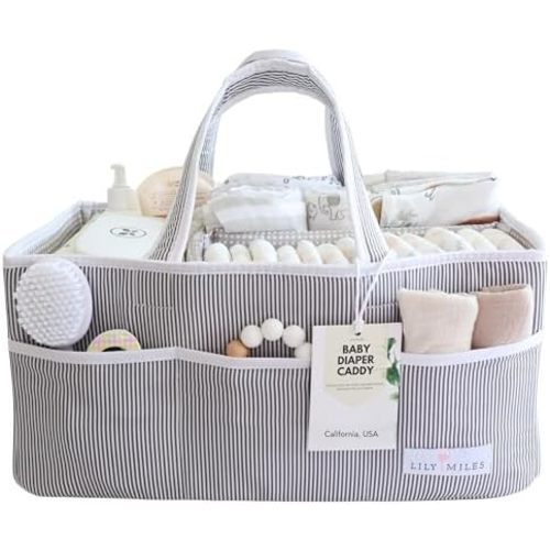 Baby Diaper Caddy Organizer, Baby Shower Basket for Newborn Boys or Girls, Nursery Must Haves for New Mom, Registry Favorites, Large Storage Tote for Changing Table or Car, Gray