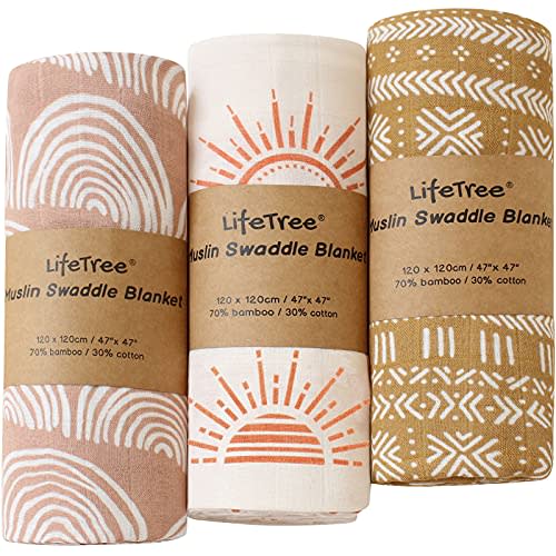 LifeTree 3 Pack Muslin Swaddle Blankets - Soft Bamboo Cotton Baby Swaddle Blankets Unisex for Boys & Girls Newborn - Earthy Color Collection, Lightweight, Breathable, Large 47 x 47 inches