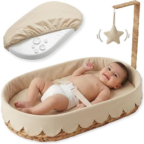 Baby Changing Basket – Woven Wicker Basket for Baby – Waterproof Pad + Linen Cover – Changing Basket for Baby Dresser - Moses Basket Bassinet