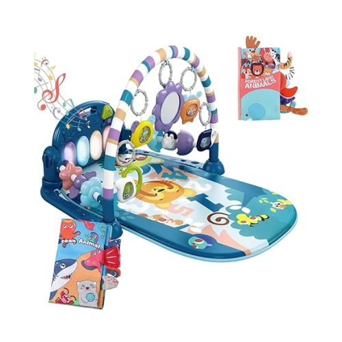 dearlomum Baby Play Mat Gym, Funny Play Piano Tummy Time Activity Mat with 5 Infant Sensory Toys, Music and Lights, Boy & Girl Gifts for Newborns 0 to 3 6 9 12 Months (Blue)