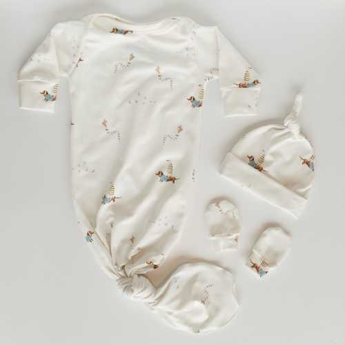 Duck Dachshund Dog Kite Baby Gown Set: Organic Newborn Knotted Outfit