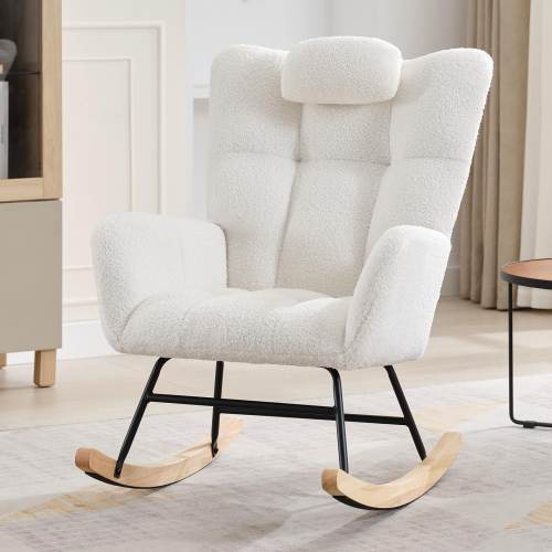 Garvee Rocking Nursery Chair, Upholstered Armchair Rocker for Mom with High Backrest, Wood Base, Side Pockets