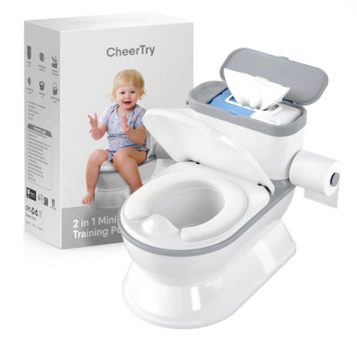 2-in-1 Toddler Potty Training Toilet - Larger Potty Chair & Detachable Training Seat for Boys & Girls Ages 1-3 with Flushing Sound, Wipes Storage, Toilet Paper Holder - Grey
