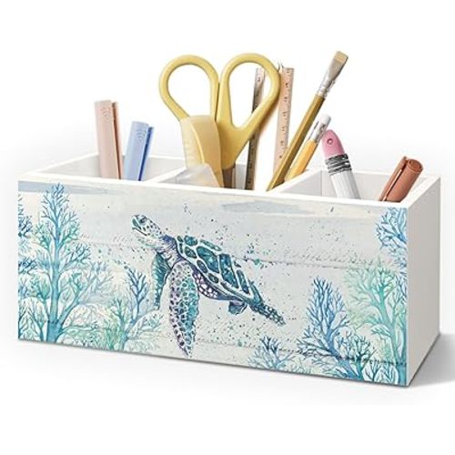 Sea Turtle Coastal Pen Holder for Home Office Desk, Beach Office Decor, Beach Turtle Makeup Brush Toothbrush Holder Organizer for Bathroom Desk Accessories