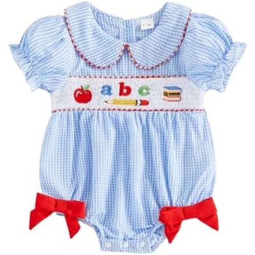 Baby Girl First Day Of School Outfit Smocked Short Sleeve Bubble Romper Shirt Plaid Bodysuit Summer Clothes