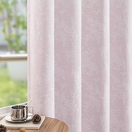 FMFUNCTEX Pink Floral Jacquard Blackout Curtains 63 Inch Length for Girls Bedroom, Scroll Flower Chenille Farmhouse Curtains for Nursery Room Darkening Thermal Insulated Grommet Window Drapes 2 Panels