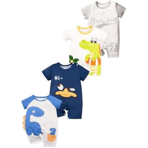 MOSSRIVER Baby Girl Outfits 4 Pack Short Sleeve Footless Romper Snap Crotch Closure Graphic Bodysuit Toddler Boys Clothes