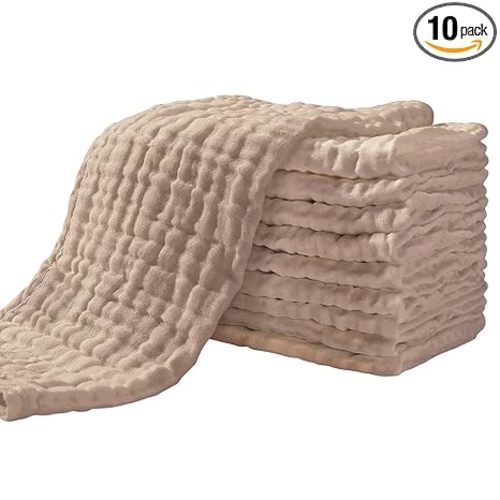 Yoofoss Muslin Burp Cloths for Baby 10 Pack 100% Organic Cotton Baby Washcloths for Boys Girls Large 20''X10'' Super Soft and Absorbent Brown