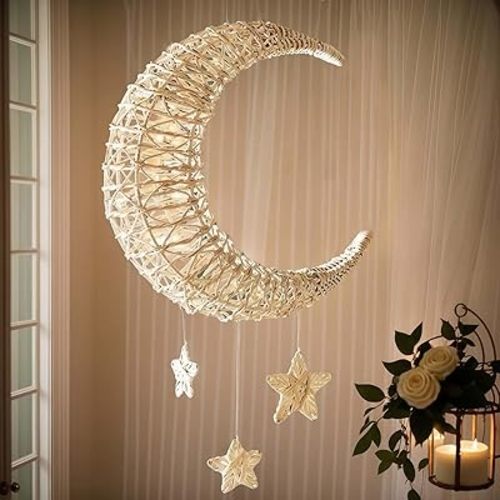 Moon and Stars Wall Décor,Handwoven Natural Rattan Boho Wall Hanging,Celestial Décor for Living Room,Bedroom, Home